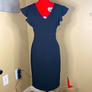 DKNY black pencil dress with ruffle cap sleeve